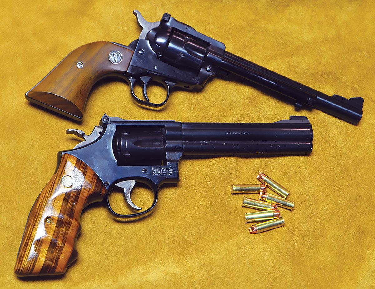 A Ruger Single-Six (top) and a Smith & Wesson Model 16-4 (bottom). With Lehigh’s 75-grain Xtreme Defense bullet at around 1,400 fps, both achieve a purpose more serious than punching holes in paper.